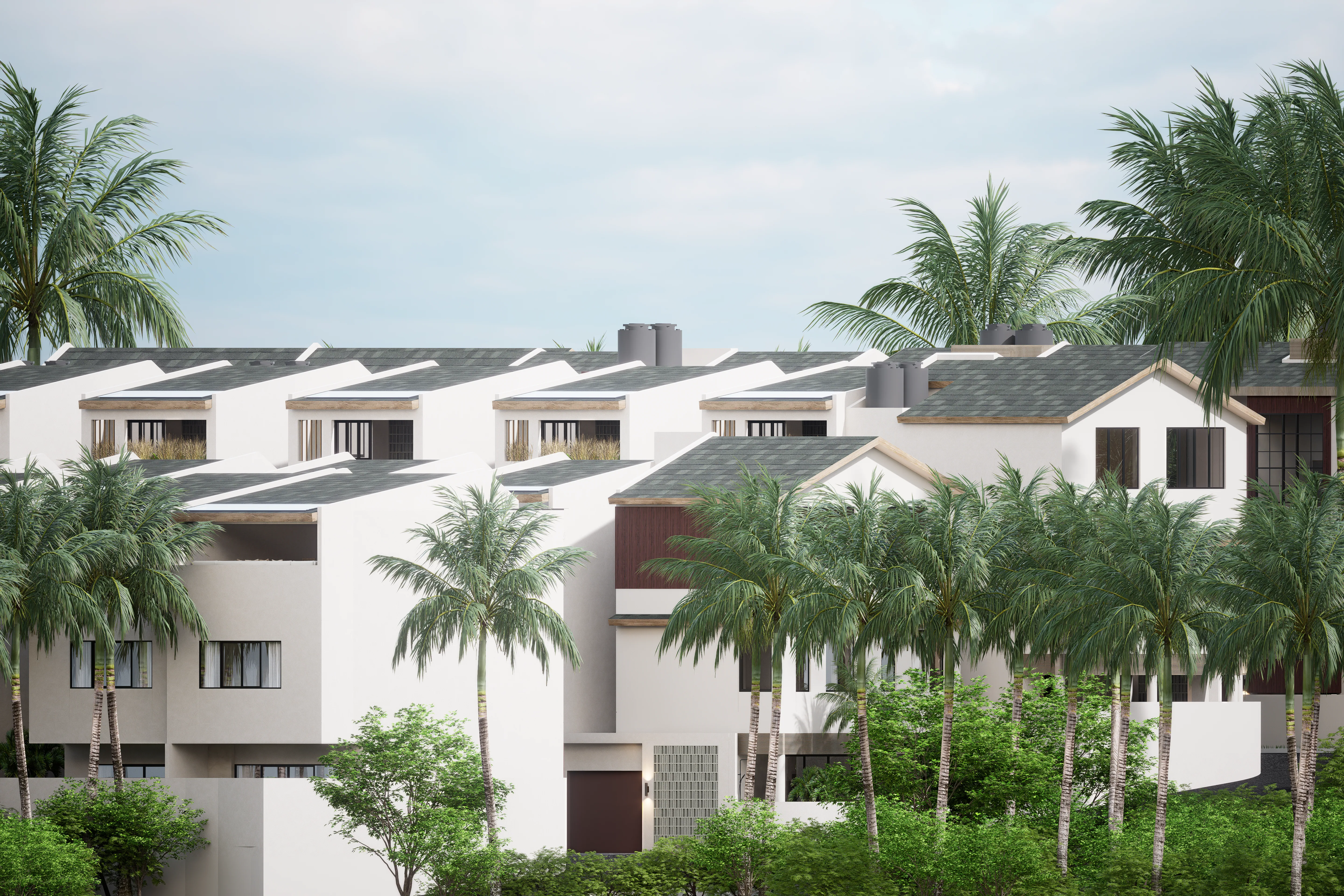 Villa V hillside villas surrounded by palms · design illustration